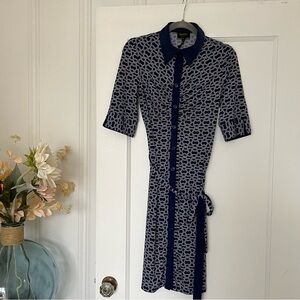 ⭐️Laundry by Design Navy Blue & White Chain Printed Button Down Dress Size 6 EUC